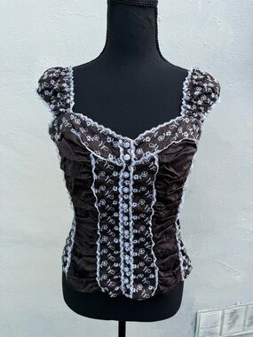 Y2k Bebe 100% Silk corset top Brown Lace-Trim Corset Blouse